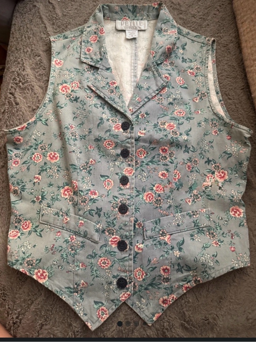 Petite Sophisticate Floral Cotton Vest in Dusty Blue with Pink Roses
